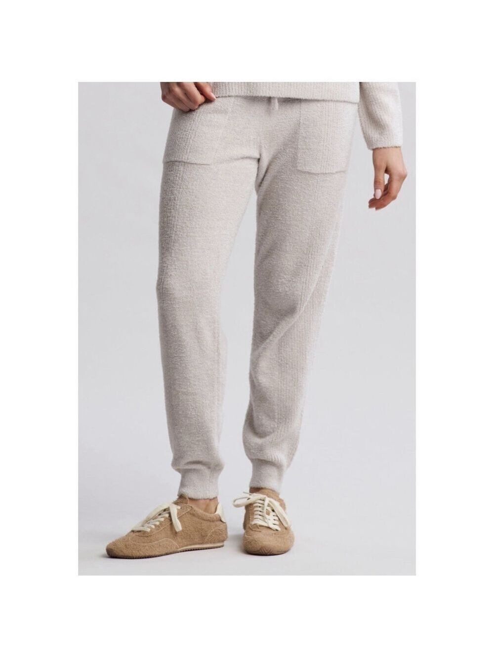 Barefoot Dreams CozyChic Lite Rib Blocked Pant Jogger MED Women Beige $135